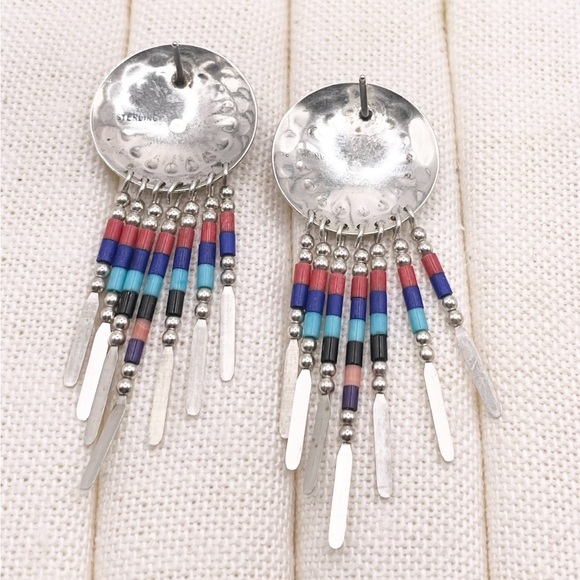 Vintage Sterling Silver Concho Fringe Earrings with Multi-Color Beads - Picture 4 of 9